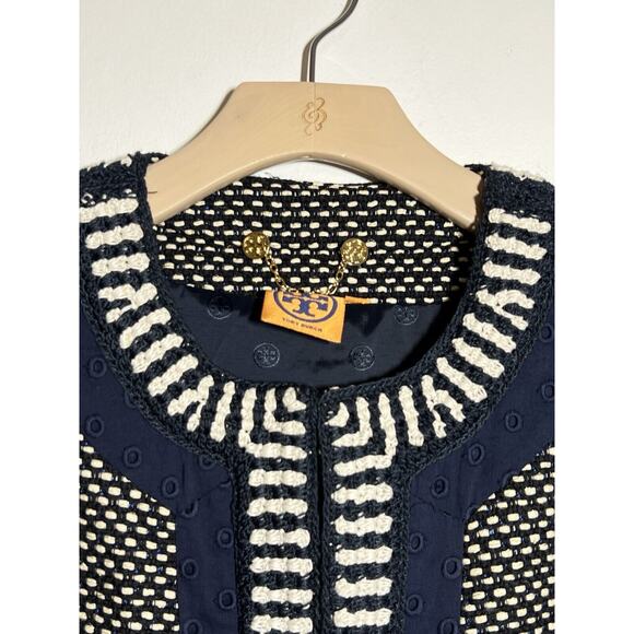 Tory Burch EUC Blue Leandra Tweed Embroidered Jacket Blazer Suiting Size 8 - Picture 7 of 11